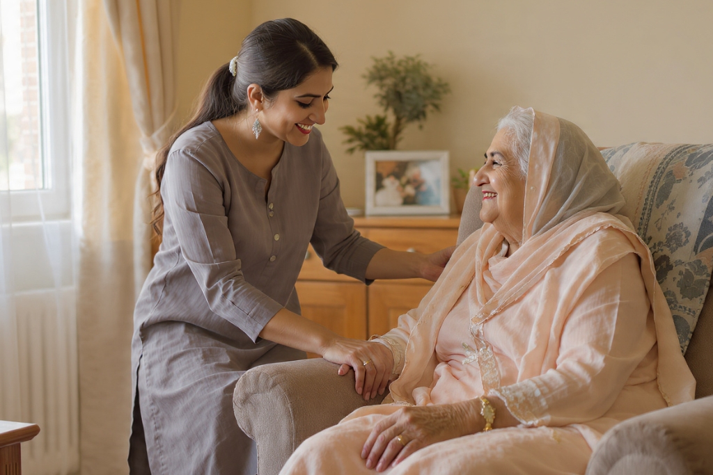 Pakistani caregiver supporting elderly parent - Incontinence care guide Pakistan