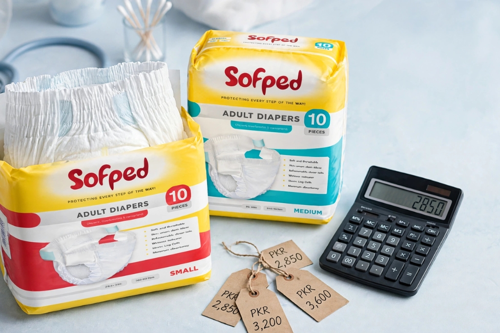 Sofpad adult diapers buying guide Pakistan 2026 — calculator, price tags and diaper packs showing how to compare Sofpad with other brands and prices before buying online or in bulk